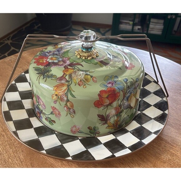 MacKenzie‑Childs Green Flower Market Cake Carrier w/ Platter 16" Retired - Picture 1 of 7